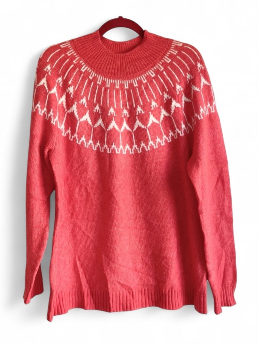 Talbots Coral Orange and White Fair Isle Yoke Sweater Size L